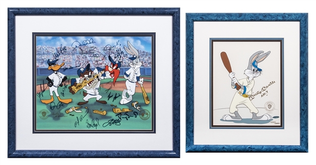 Lot of (2) New York Yankee Themed Looney Tunes Signed Framed Animation Cells Including Mickey Mantle and 1996 Team Signed (UDA & JSA)